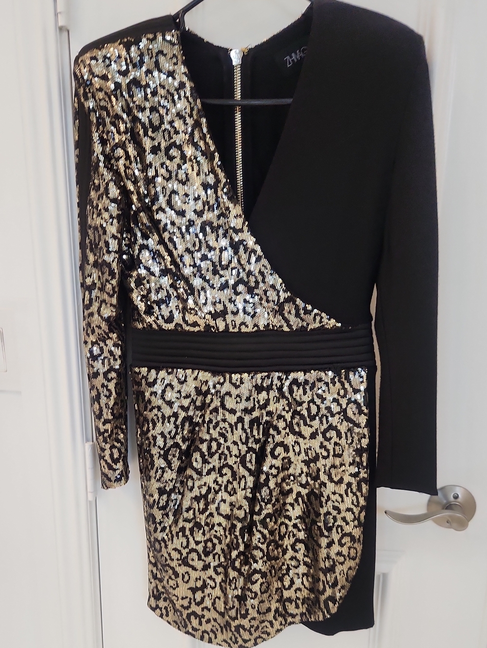 Zhivago Black and Gold Sequin Leopard Wrap Mini Dress